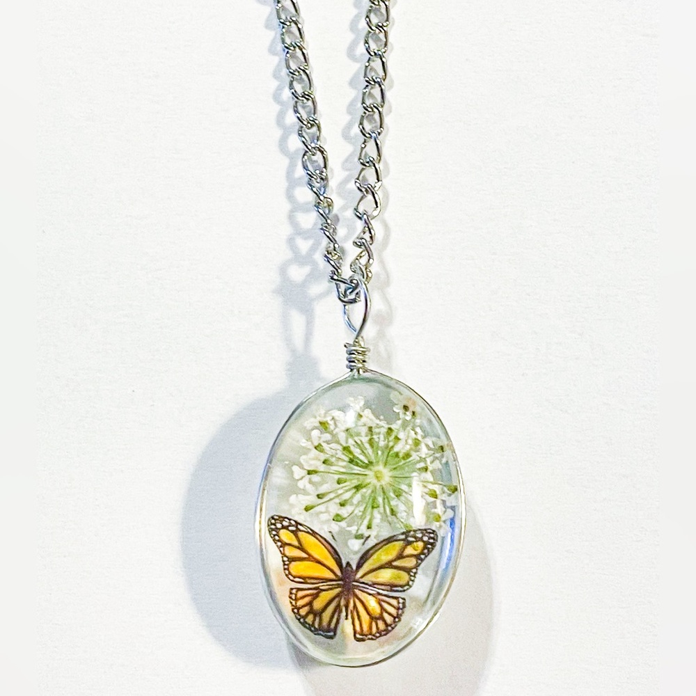 White Pressed Flower Butterfly Glass Necklace